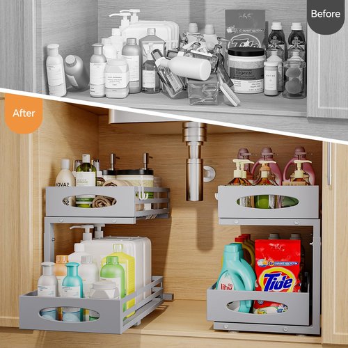 mixeshop Under Sink Organizer, 2 Tier Under Sink Organizers and Storage, Adjustable Height, Slide out Metal Cabinet Organizers, Pull out Cabinet Storage Drawer Shelf for Kitchen Bathroom Gray 1Pack