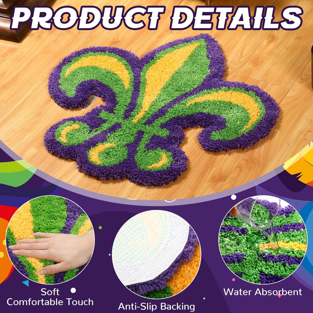 Dunzy Mardi Gras Bathroom Rug Fleur De Lis Indoor Welcome Mat Non Slip Bath Mat Water Absorbent Microfiber Plush Washable Carpet Home Decor, 27.6 x 27.6 Inches