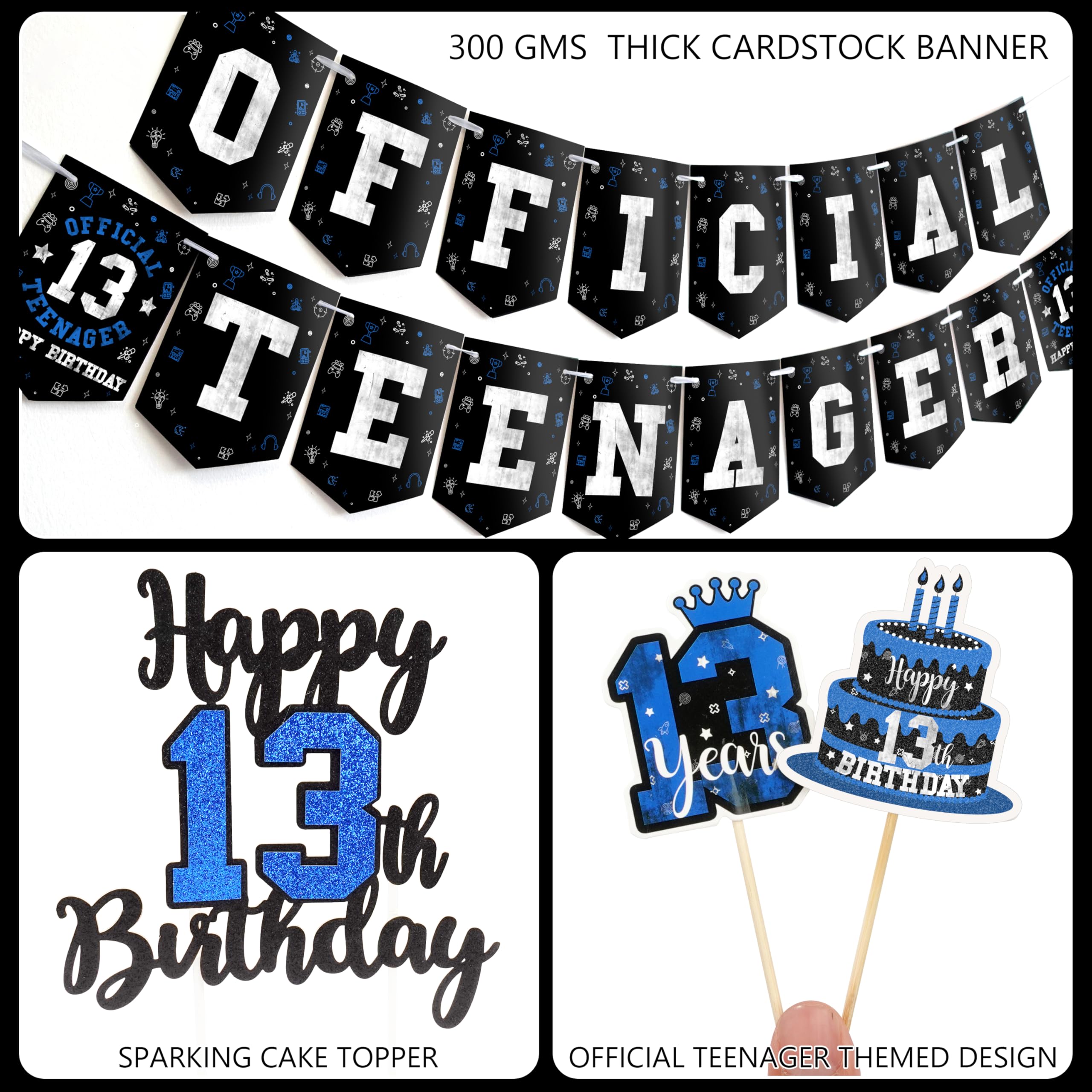 13th Birthday Decorations for Boys, Official Teenager Happy 13th Birthday Decor with Banner Backdrop Tablecloth & Number 13 Balloon Arch Kit for 13 Year Old Birthday Party Supplies(Black Blue)