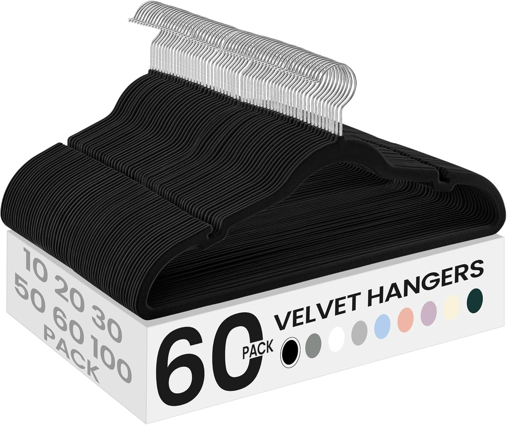 SONGMICS Velvet Hangers - 60 Pack Non-Slip Clothes Hangers with 360° Swivel Hook - Ink Black