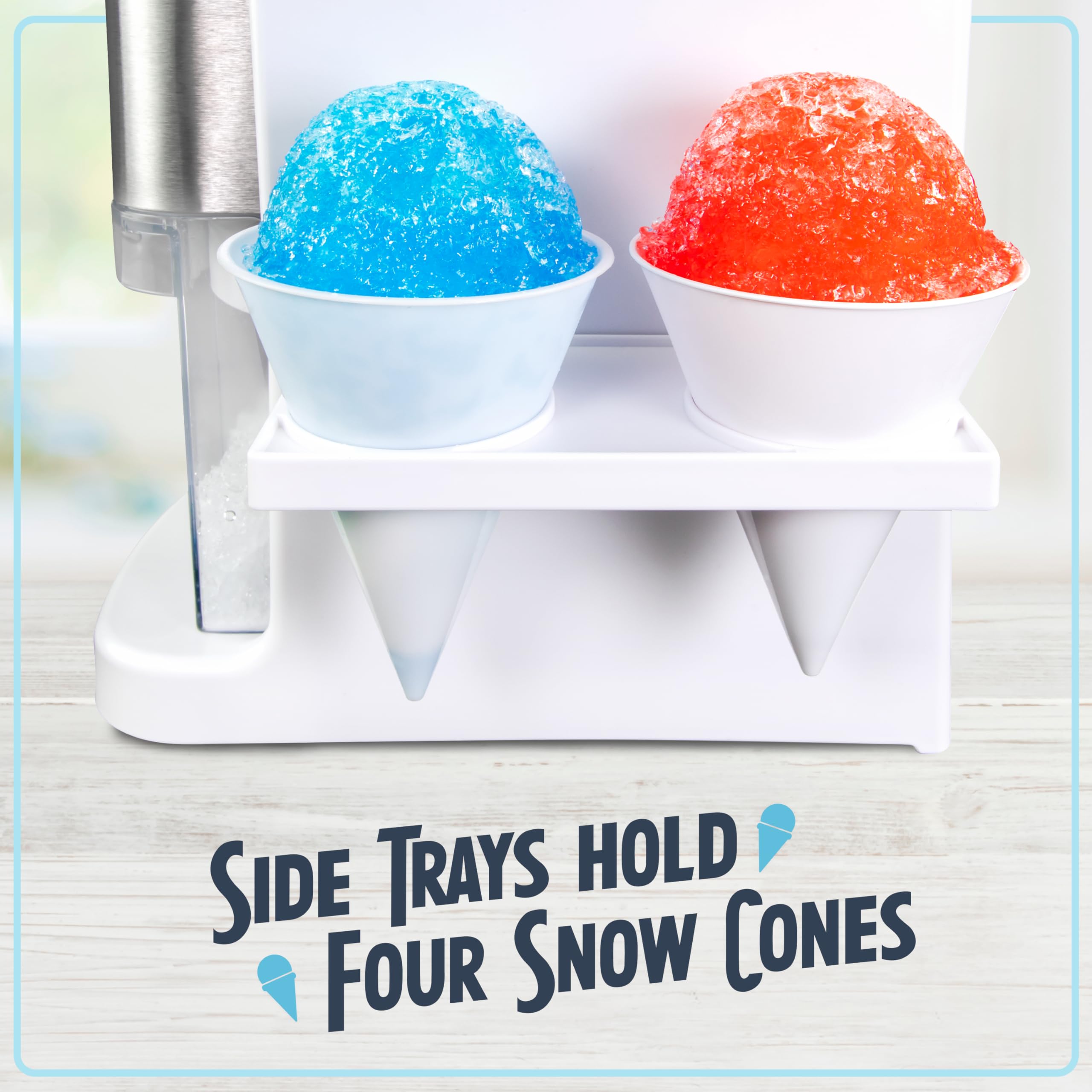 Nostalgia Snow Pro Electric Snow Cone Machine with 64 oz Capacity - Slushie Machine with 4 Reusable Cones, Side Shelves & Ice Scoop - Snow Cone Machine for Family Treats & Refreshing Desserts - White
