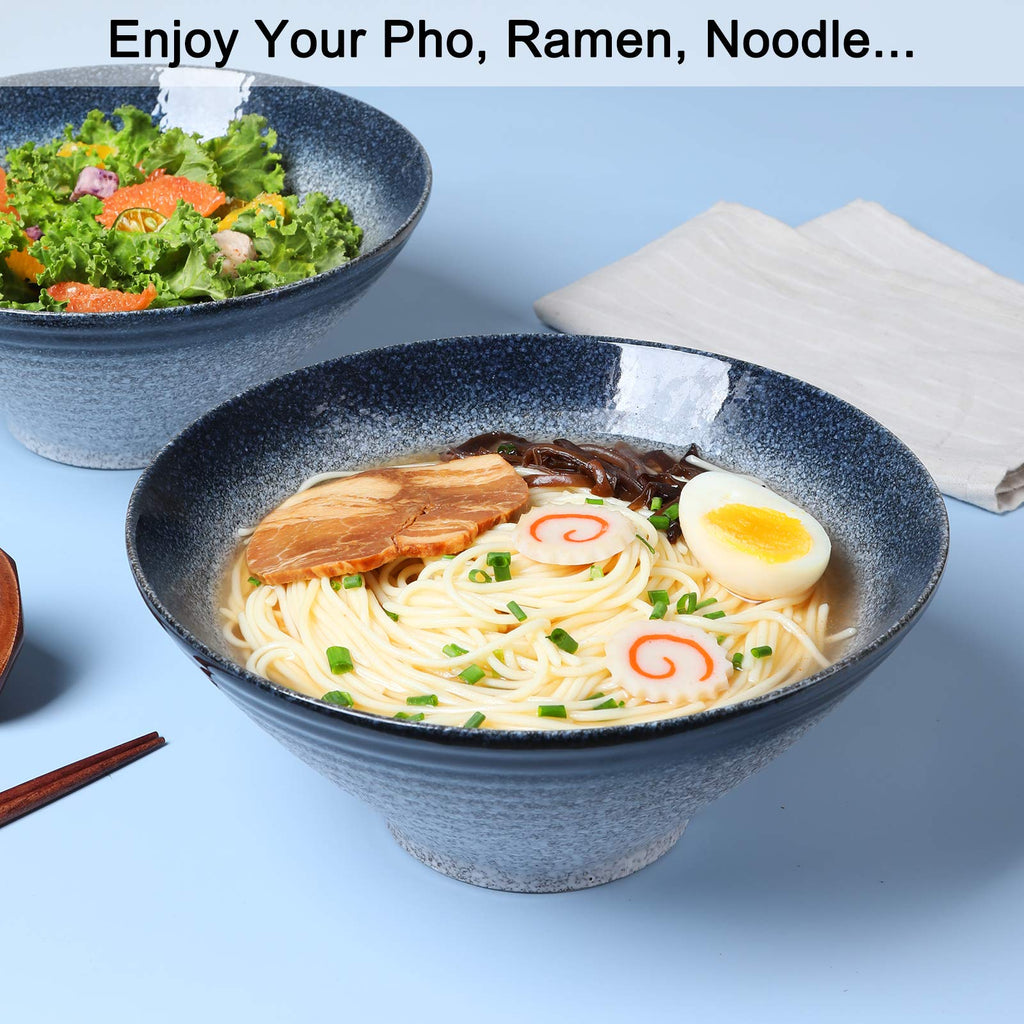 NJCHARMS Ceramic Ramen Bowl Set of 2, 60 oz Japanese Noodle Soup Bowls with Spoons and Chopsticks for Ramen Soup Pho Udon Asian Noodles, Large Noodle Bowls(Blue)