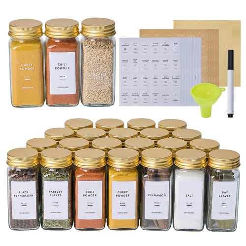 Fiwence 24 Pcs Glass Spice Jars with 576 Labels, 4oz Empty Square Spice Containers,Seasoning Bottles with Gold Metal Caps - Shaker Lids, Funnel and Pen Included