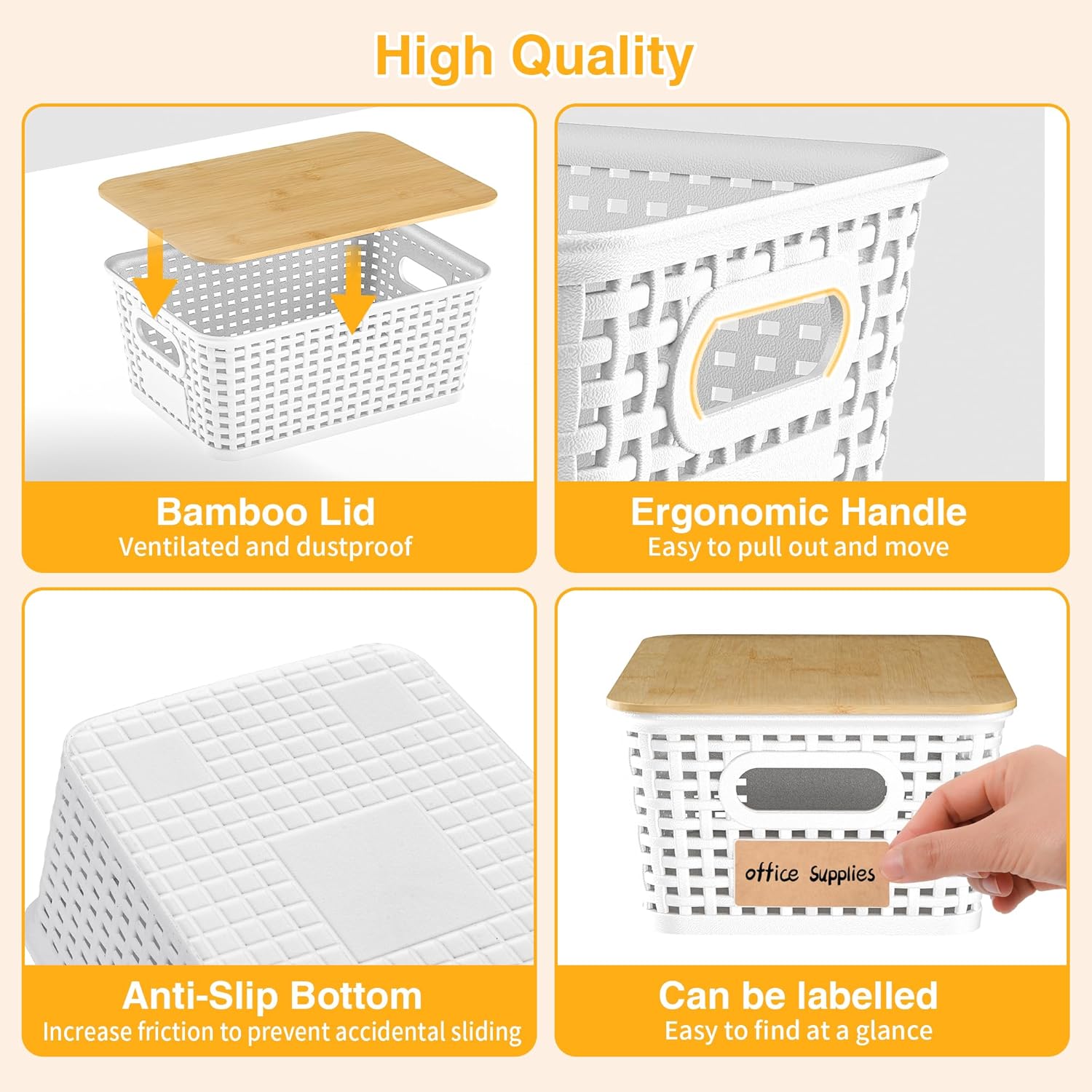 Skiennix Plastic Storage Baskets - Stackable Containers with Bamboo Lids & Labels | 6-Pack White