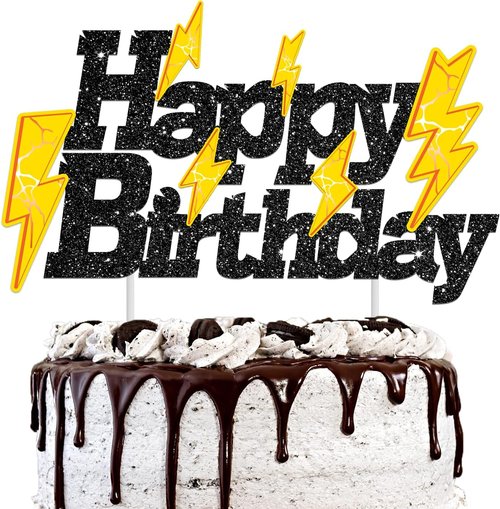 Glitter Black Lightning Bolt Cake Toppers - Happy Birthday Party Decorations for Kids | Weather Theme