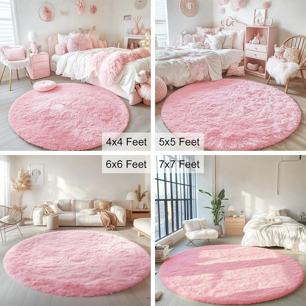OLANLY Pink Round Rug - Soft, Fluffy Shaggy Carpet for Bedroom | 4 ft Machine Washable Area Rug
