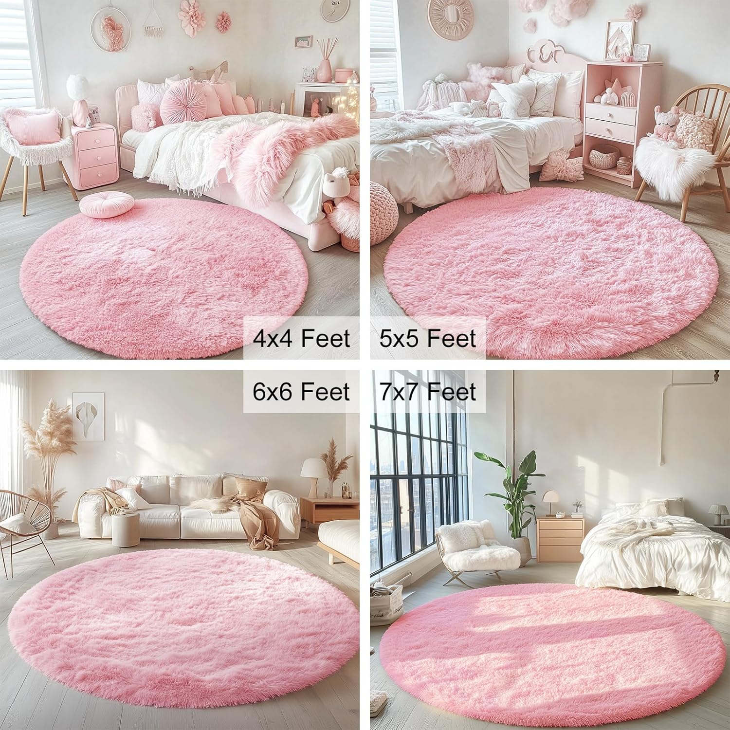 OLANLY Pink Round Rug - Soft, Fluffy Shaggy Carpet for Bedroom | 4 ft Machine Washable Area Rug