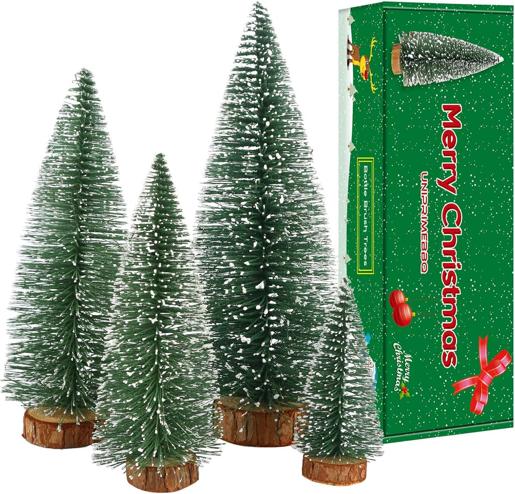 Skiennix Mini Christmas Tree - Small Pine Tabletop Decor with Wooden Base | Green - Set of 4