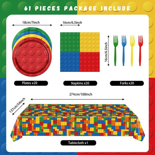 Building Block Party Supplies,61pcs Block Party Decorations Tableware Include Building Block Plates and Napkins,Tablecloth,Forks for Building Block Birthday Party Supplies,Serve 20