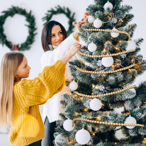2 Pack Christmas Wood Bead Garland, Gold Round Bead Garland Christmas Tree Decoration Farmhouse Wall Hanging Ornaments, 9 Feet & 12 Feet
