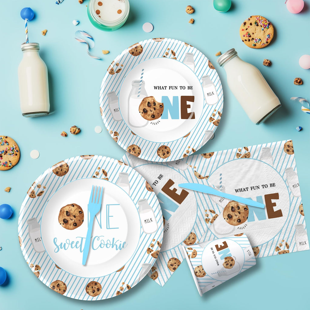 HIPVVILD Milk and Cookies 1st Birthday Decorations Tableware - One Sweet Cookie Birthday Party Supplies, Milk Theme Paper Plates and Napkins Set, Disposable Cutlery | Serves 24