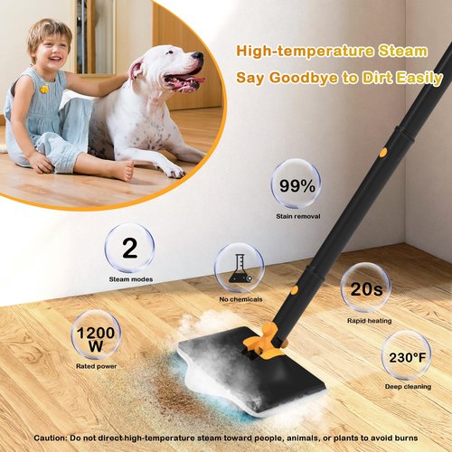 GHORA Steam Mop, All-in-one Handheld Steam Cleaner with 13 Attachments, 23FT Cord, 11.83OZ Removable Tank, Adjustable Height Steam Mops for Floor Cleaning, Hardwood Floors, Carpets, Tiles, Windows