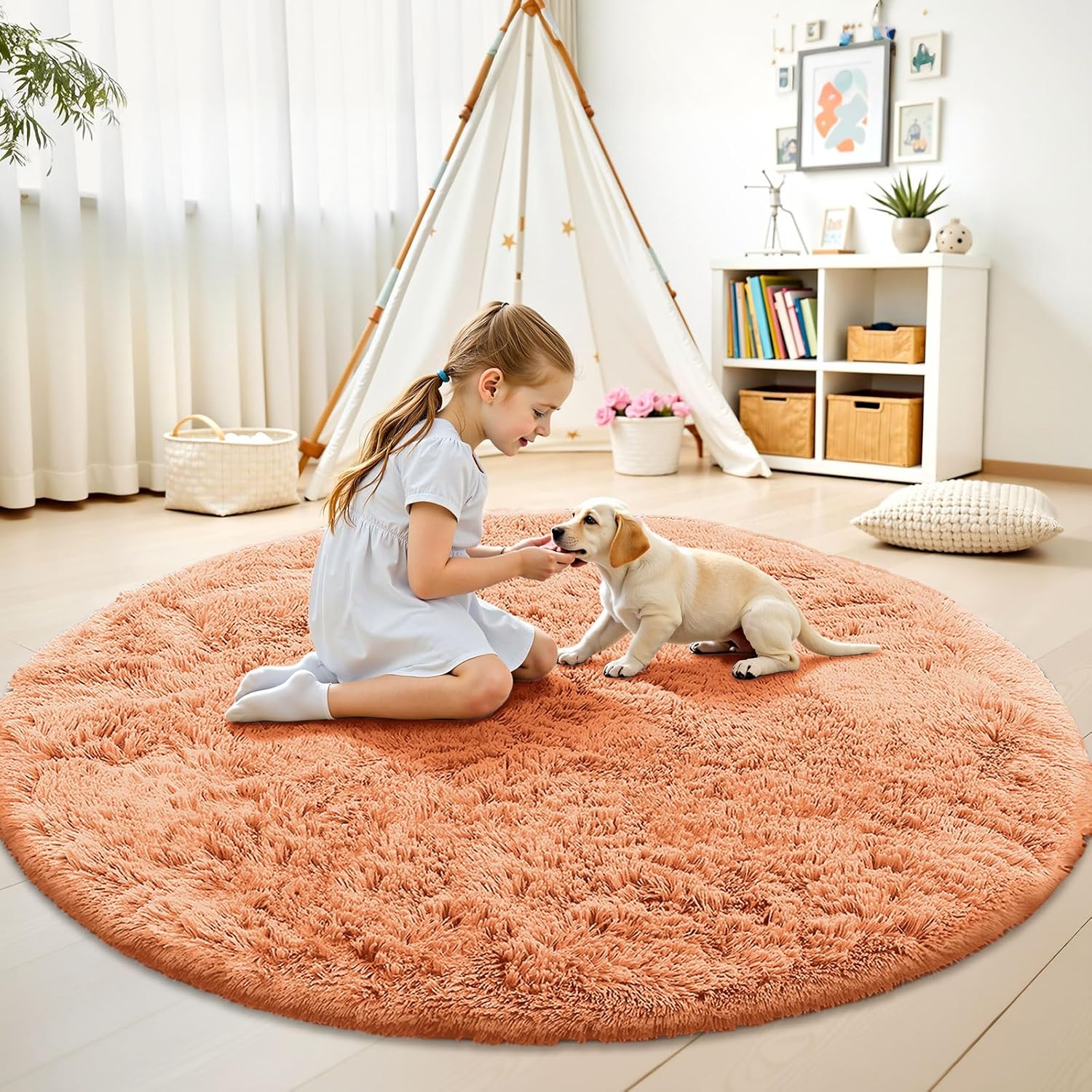 OLANLY Round Area Rug - Muted Orange, Soft & Fluffy Shaggy Carpet, 8 ft Circle for Bedroom & Living Room