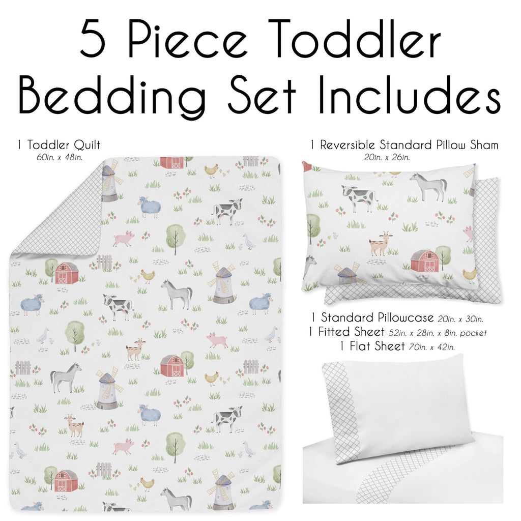 Sweet Jojo Designs Farm Animals Boy Girl Toddler Kid Childrens Comforter Bedding Set - 5 Pieces Comforter, Sham and Sheets - Watercolor Farmhouse Lattice Horse Cow Sheep Pig