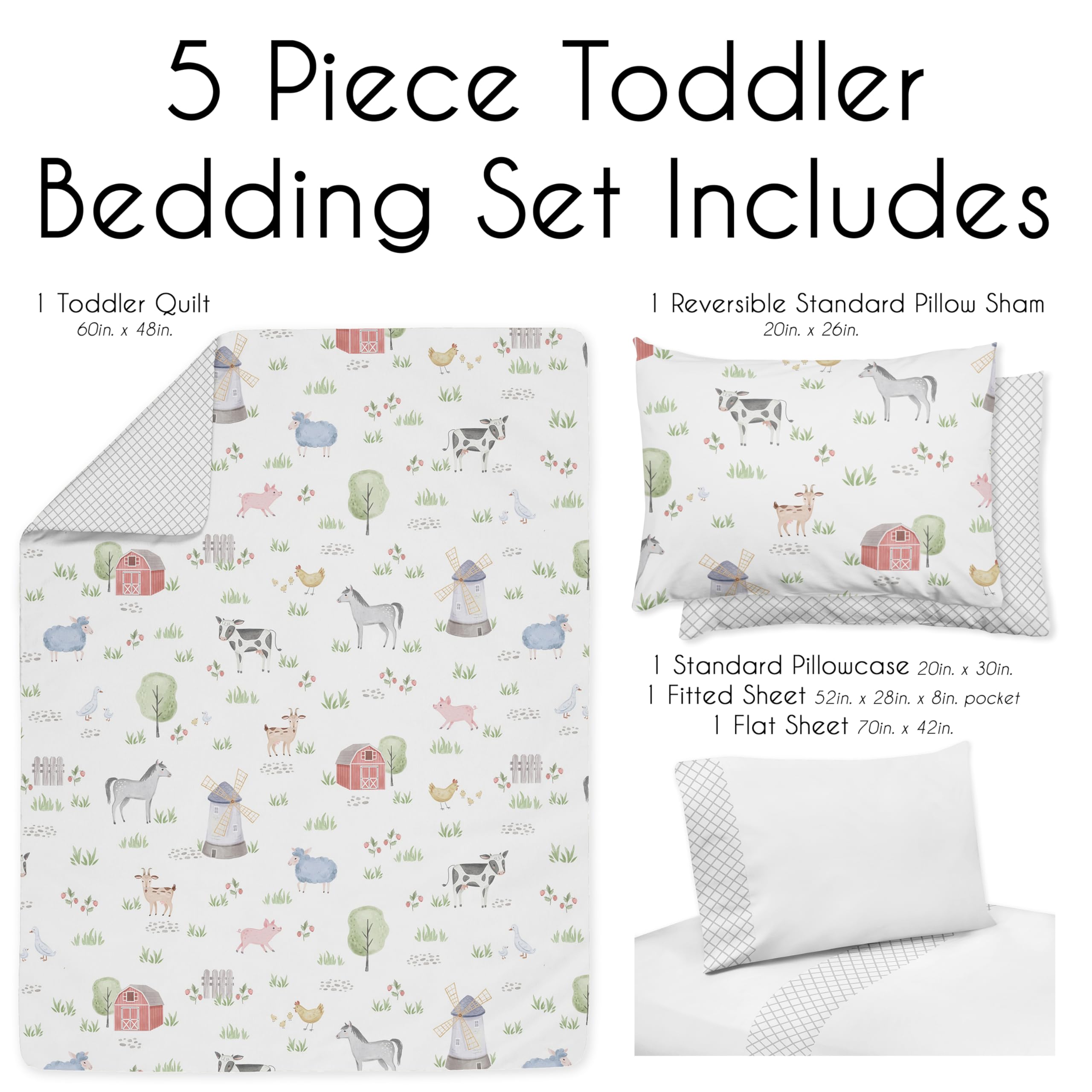 Sweet Jojo Designs Farm Animals Boy Girl Toddler Kid Childrens Comforter Bedding Set - 5 Pieces Comforter, Sham and Sheets - Watercolor Farmhouse Lattice Horse Cow Sheep Pig