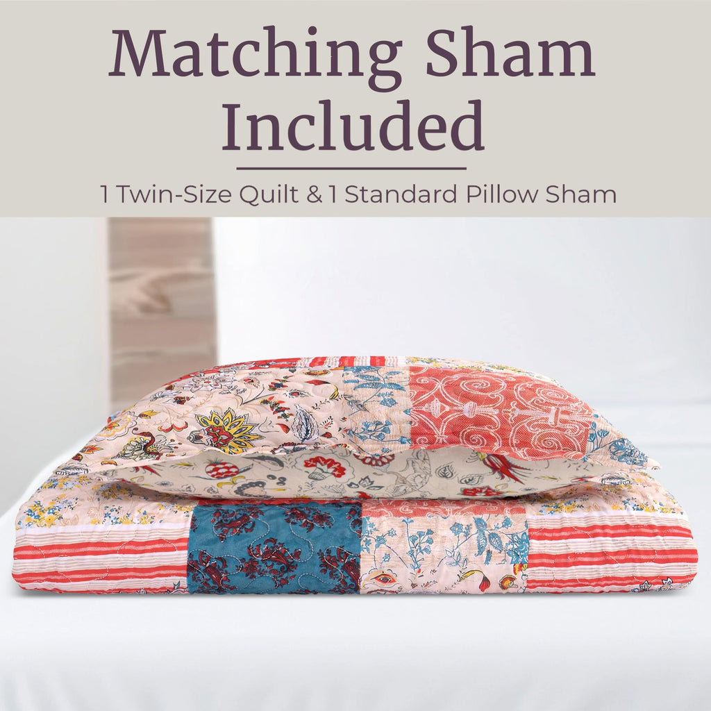 Lavish Home 2-Piece Quilt Set - Mallory Classic Patchwork Twin Quilt with Pillow Sham - Machine Washable Lightweight Bedding (Multicolor)