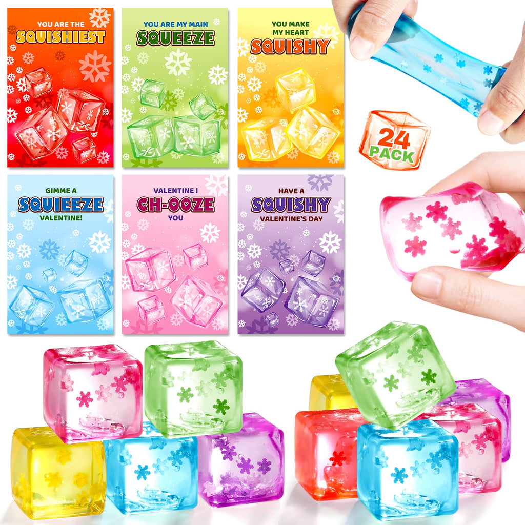 Valentines Day Cards Gifts for Kids School, 24 Pack Snow Cube Squeeze Balls with Greeting Cards for Kids Classroom Exchange Prizes, Stretchy Toy Balls Bulk Gift, Squeeze Fidget Toy for Party Favors