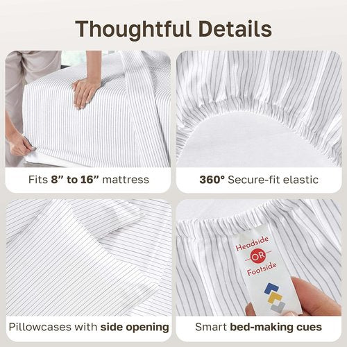 California Design Den Queen Size Bed Sheets Set - 100% Cotton, 400 TC, Smooth Sateen Finish, Deep Pockets, Pinstripe
