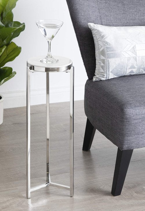 Kate and Laurel Aguilar Glam Round Drink Table, 8 x 8 x 23, Silver and White, Small Accent Table for Use as Plant Pedestal Stand with Marble Tabletop