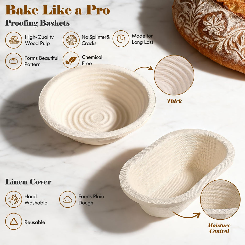 Sourdough Starter Kit with Aliquot Jar, Wood Pulp 9" Round & 10" Oval Bannetons & 34 oz Sourdough Starter Jar & Bread Sling Scrapers & Bag Complete Sourdough Baking Supplies