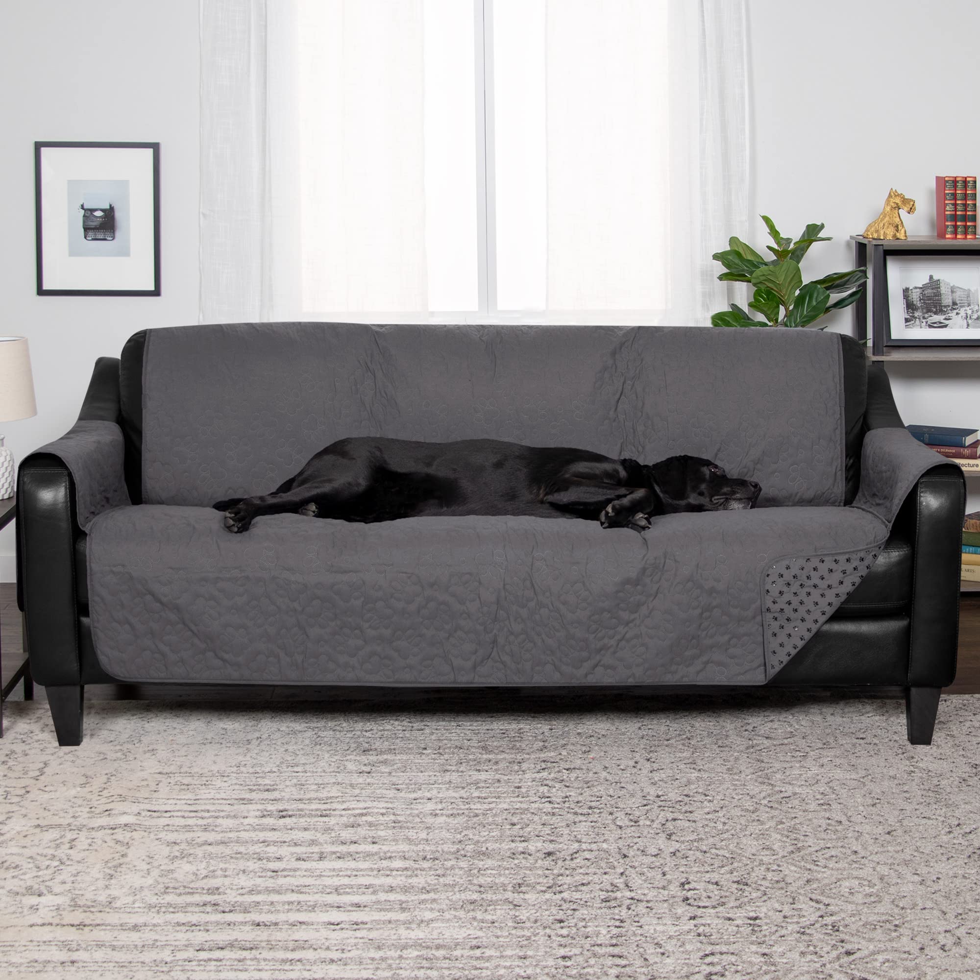 Furhaven Waterproof & Non-Slip Large Sofa/Couch Cover Protector for Dogs, Cats, & Children - Quilted Paw Print Living Room Furniture Cover - Gray, Large Sofa