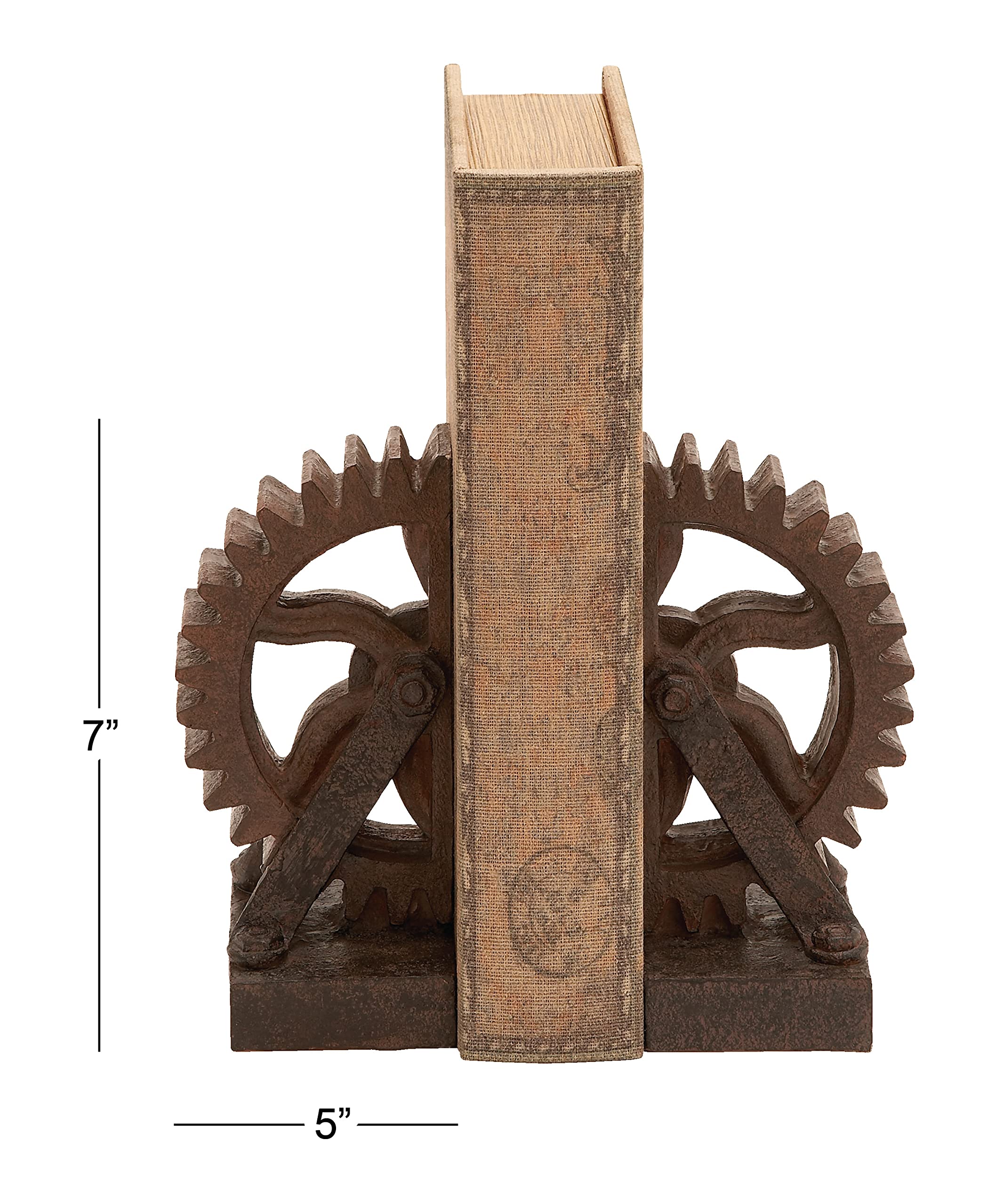 Deco 79 Polystone Decorative Bookends Gear Non Skid Bookends, Set of 2 Office Bookends5"W, 7"H, Brown