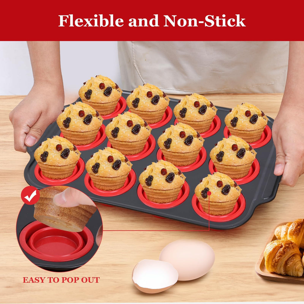 YiYeraio 12 Cups Silicone Muffin Pans for Baking with Metal Frame, Egg Bite Molds, Cupcake Pans Regular Size, Muffin Tins Easy to Pop Nonstick Non Toxic Bakeware for Oven Dishwasher Safe