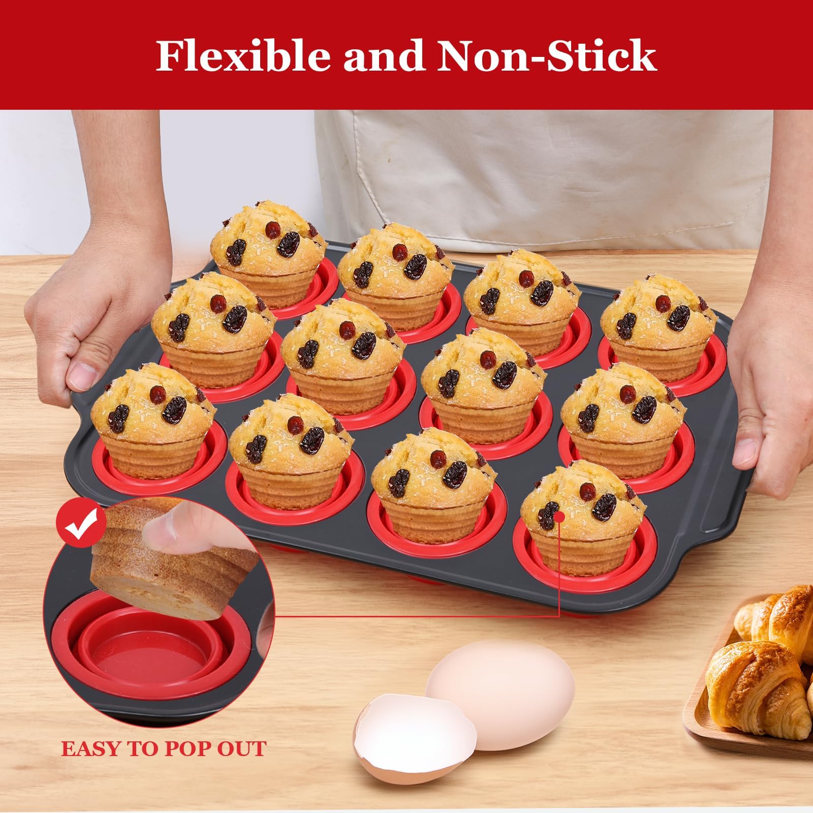 YiYeraio 12 Cups Silicone Muffin Pans for Baking with Metal Frame, Egg Bite Molds, Cupcake Pans Regular Size, Muffin Tins Easy to Pop Nonstick Non Toxic Bakeware for Oven Dishwasher Safe