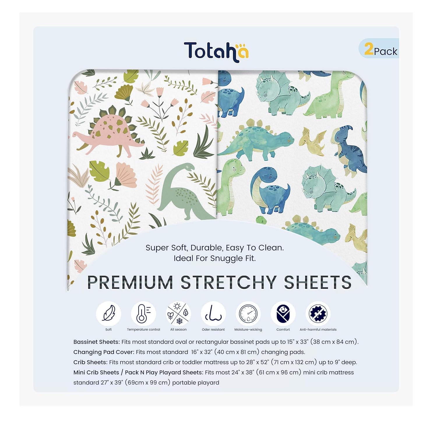 TotAha Dinosaur Crib Sheets - Premium Soft Fitted Baby Mattress Sheets | Ultra Breathable, 2 Pack 28x52x9