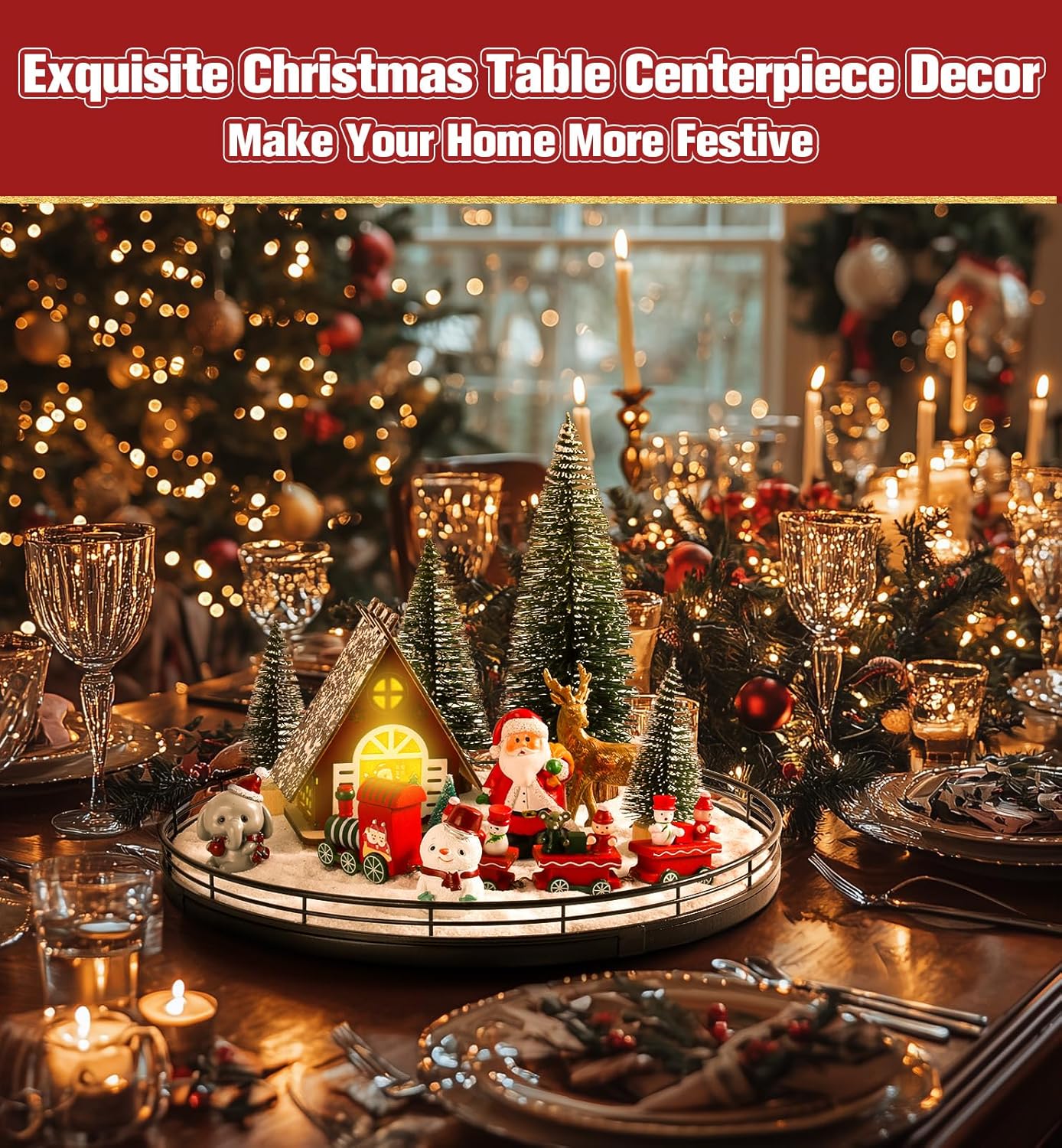 Oroyutor Christmas Village Set - 12 Pcs 13" Oak Wooden Lazy Susan with Santa Train & Trees | Holiday Table Decor