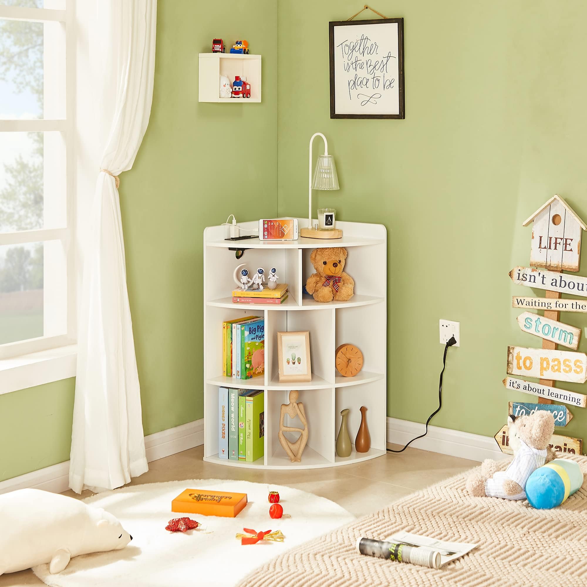 VECELO Corner Cube Shelf with USB Ports & Outlets, Modern Corner Toy Storage Rack with Adjustable Shlef, Wooden Display Bookshelf Bookcase for Living Room, Bedroom, Dining Room, Kitchen, White