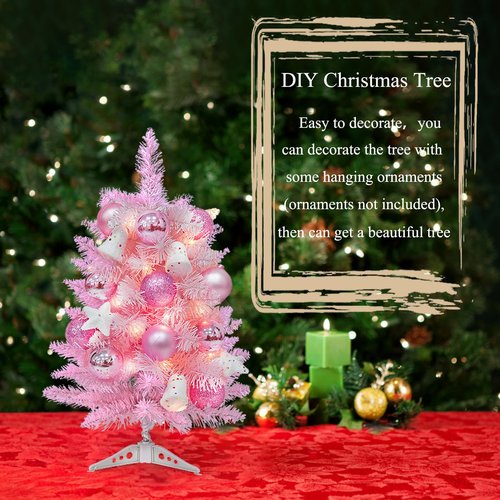 Gloreyan 2FT Artificial Christmas Tree Pink Tabletop Christmas Tree with Plastic Stand Mini Xmas Pine Tree for Party Supplies Indoor Outdoor Holiday Home Decoration (Pink)