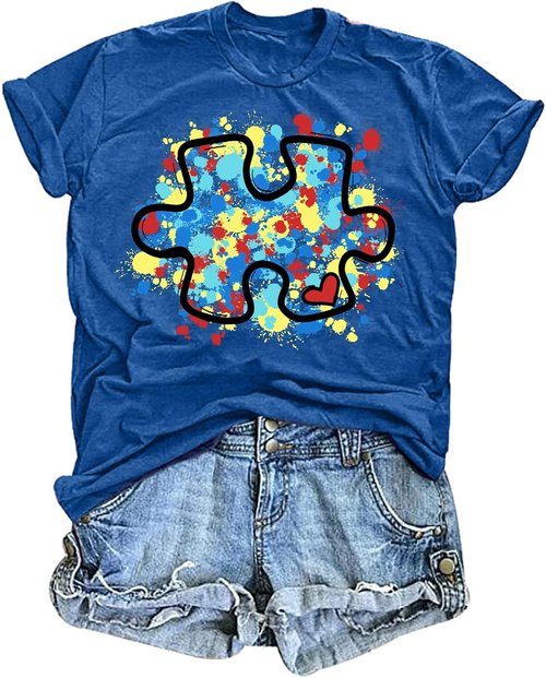 LAZYCHILD Autism Awareness Shirt - Women's Blue Puzzle Piece Tee for Support & Advocacy