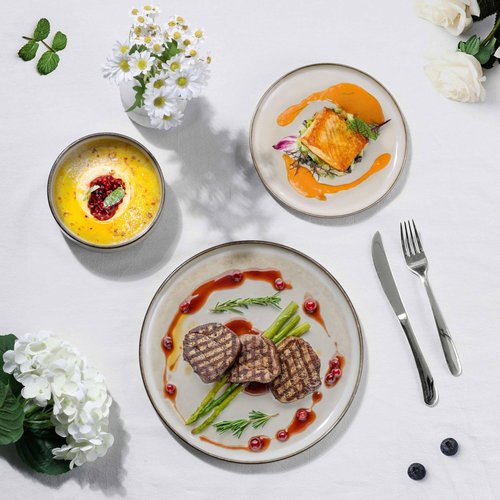 Herogo Stoneware Plates and Bowls Sets for 8, 24 Pieces Modern Round Dinnerware, Reactive Glaze Dishes Set for Kitchen, Chip Resistant, Microwave & Dishwasher Safe, Cream Khaki