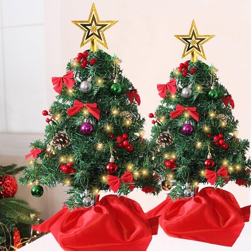Juegoal 2 Pack Mini Christmas Tree Set - 24 Inch Tabletop Artificial Trees with 50 LED Lights & Ornaments