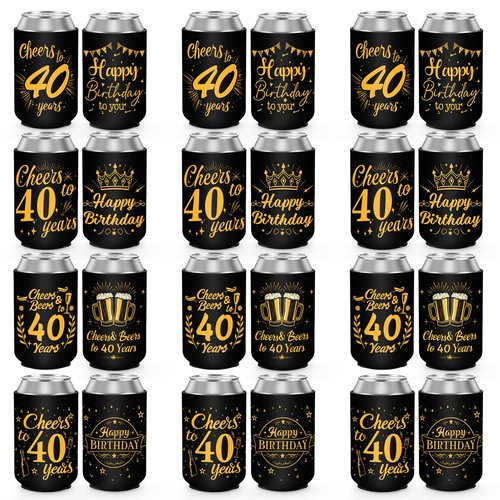 40th Birthday Party Decorations Can Cooler Sleeves, Neoprene Can Sleeves for 12 oz Cans & Bottles, 12 Pack Black and Gold 40th Birthday Gift for Men & Women, 4 Design