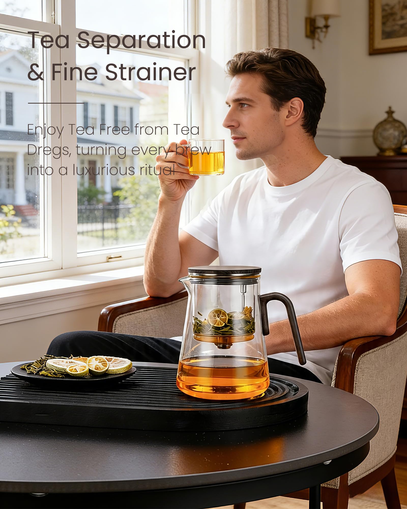 ZENS Magnetic Tea Pot, Large Enchanted Glass Teapot with Infuser and Magnetic Suction Lid for Mess-Free Loose Tea Diffusers, Black Walnut Pattern Handle, Tea Lovers Gifts
