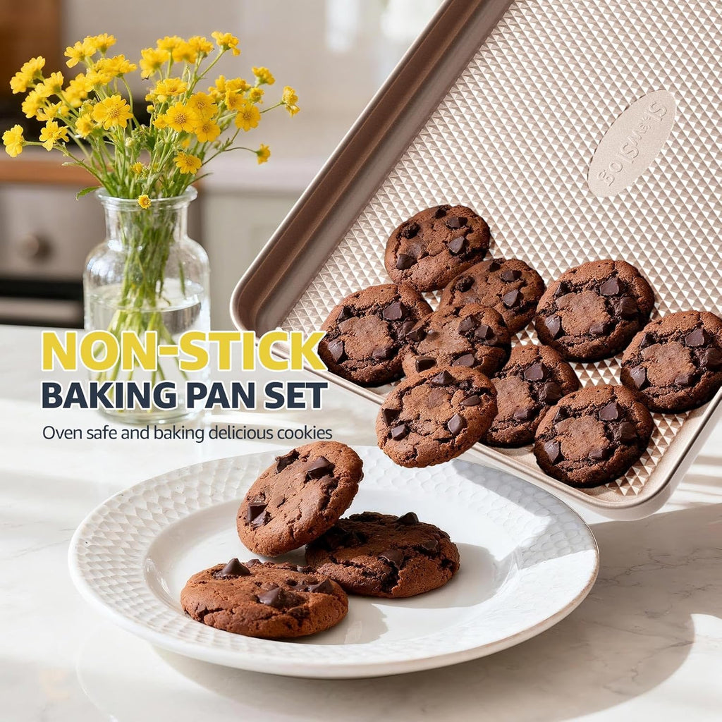 3Pcs Nonstick Baking Sheet Pan Set by [Brand Name] - Heavy Duty Carbon Steel Cookie Sheets | Gold Finish