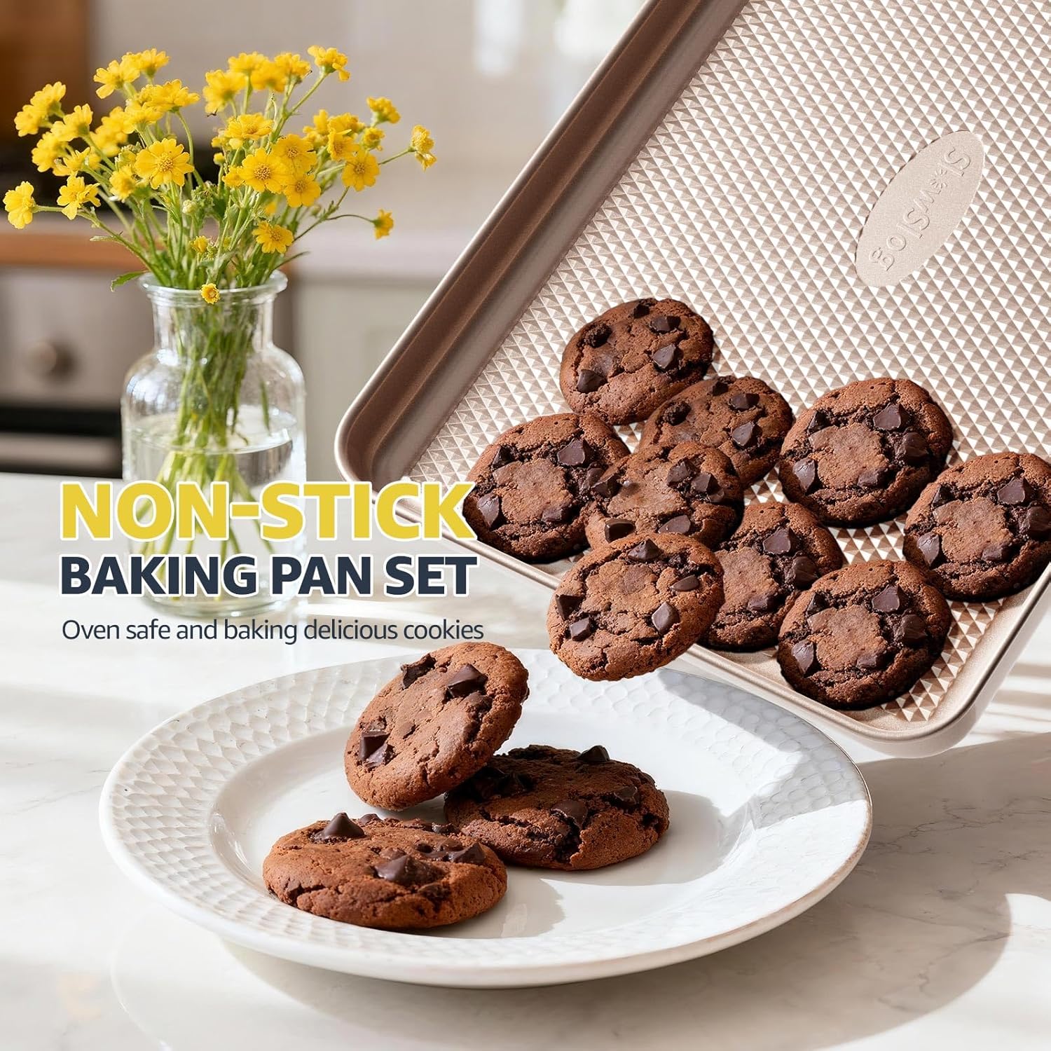 3Pcs Nonstick Baking Sheet Pan Set by [Brand Name] - Heavy Duty Carbon Steel Cookie Sheets | Gold Finish