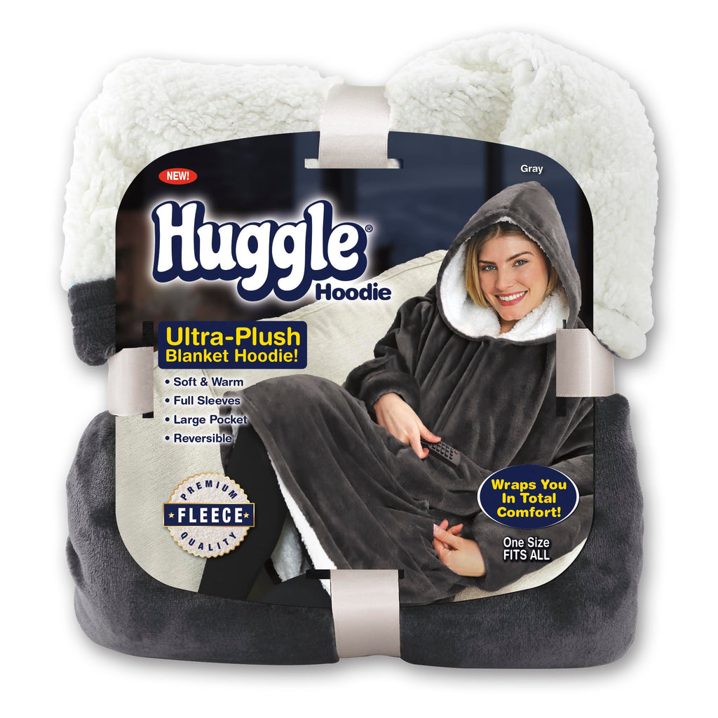 Ontel Huggle Hoodie Oversized Wearable Blanket Hoodie for Men & Women - Machine-Washable Soft Fleece Sweatshirt with Giant Hood, Large Pockets, & Sleeves, Gray