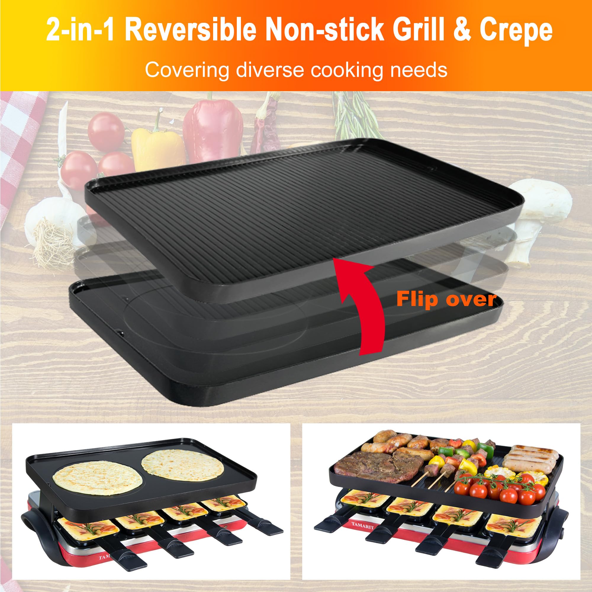 TAMARIT Classic 8 Person Raclette Grill 1500W Electric Tabletop Griddle with Reversible Plate, 8 Non-Stick Cheese Trays and Spatulas Indoor Portable Korean BBQ Barbecue Party Grill Red