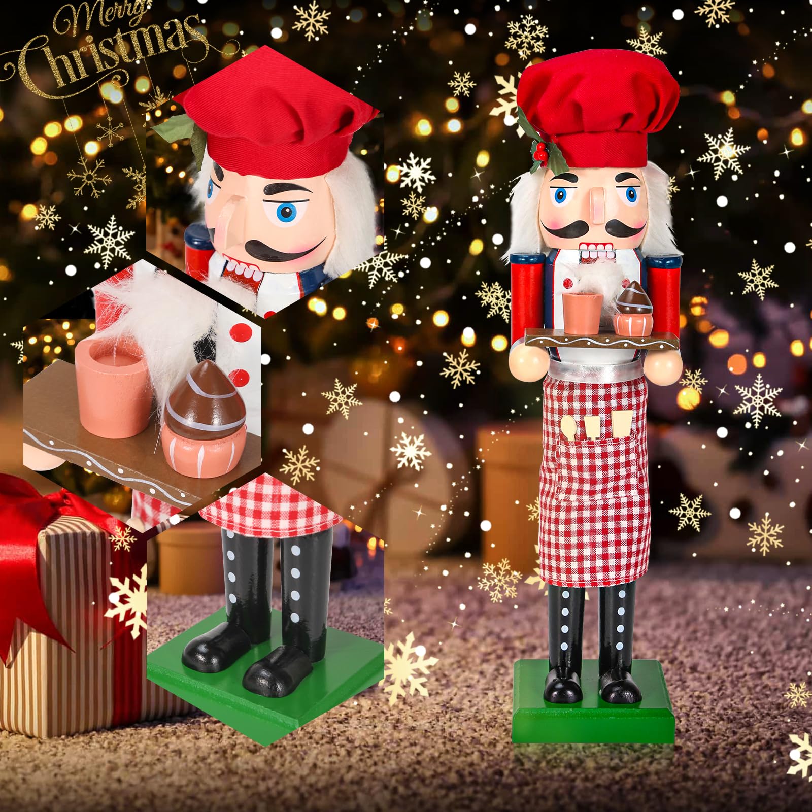 WODICY Christmas Nutcracker Décor Figures, 15 inches Chef Wooden Nutcracker Ornaments with Cup Cake and Chef hat for Kitchen Shelves Tabletop Festival Decorations Gift