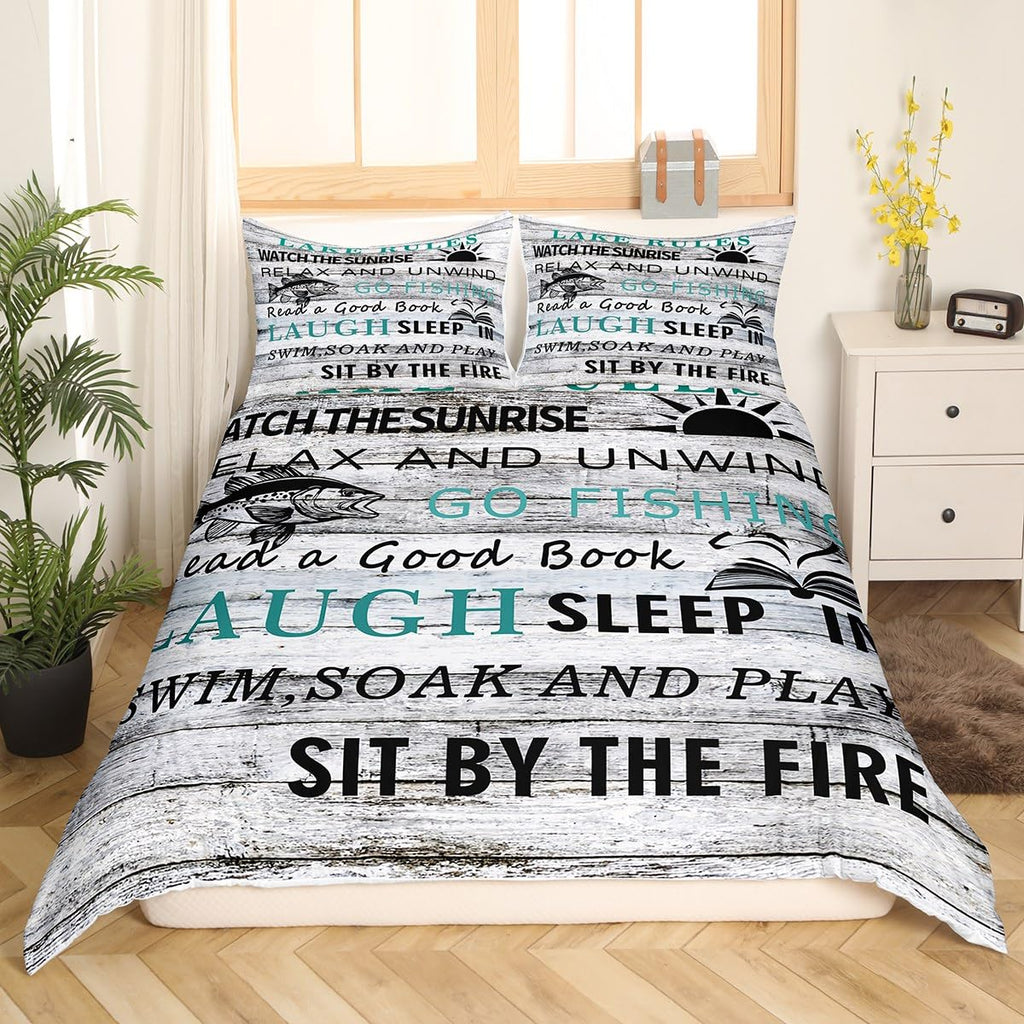Feelyou Lake House Duvet Cover Fishing Bedding Set for Kids Boys Girls Camping House Comforter Cover Wooden Stripes Texture Bedspread Cover 1 Duvet Cover with 2 Pillowcases Queen Size (No Comforter)
