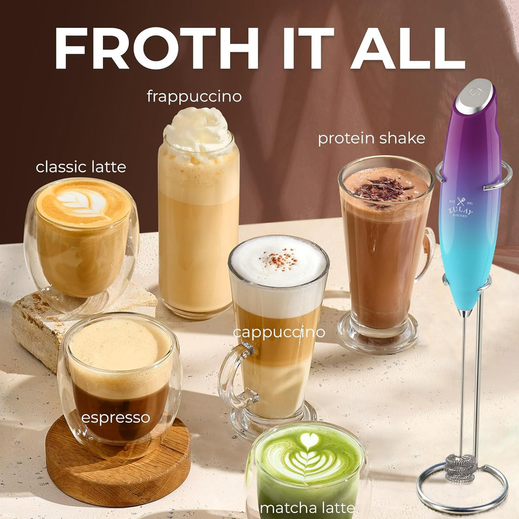 Zulay Kitchen Tornado Triple Whisk Milk Frother - Handheld Foam Maker for Coffee & Lattes | Includes 4 Duracell Batteries