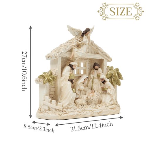 Valery Madelyn Christmas Nativity Figurines with LED Lights, Large White Gold Holy Family Nativity Scenes Resin Manger for Xmas Indoor Home Table Fireplace Holiday Decorations, 10.6 Inch Tall