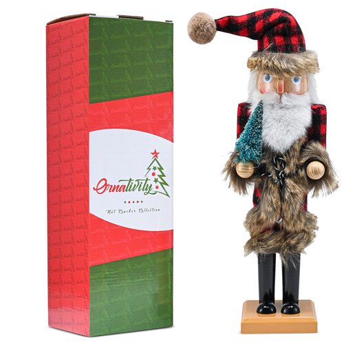 Ornativity Christmas Nostalgic Santa Nutcracker – Red and Black Wooden Nut Cracker Santa Clause Man with Buffalo Brown Fur Plaid Coat Holding a Xmas Tree Themed Holiday Doll Figure Decorations 15"