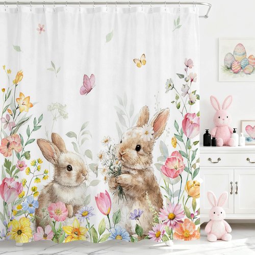Mocsicka Spring Easter Shower Curtain Funny Cute Bunny Floral Bath Curtain Waterproof Spring Floral Wildflowers Shower Curtain for Bathroom Decor 72 X 72 Inch