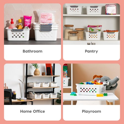 IRIS USA Plastic Storage Baskets, 12-Pack, Made in USA, Shelf Baskets Small Baskets Organizing Bins For Pantry Countertops Closet Shelves Office, Muti-Purpose, Nestable, Easy Carry, White