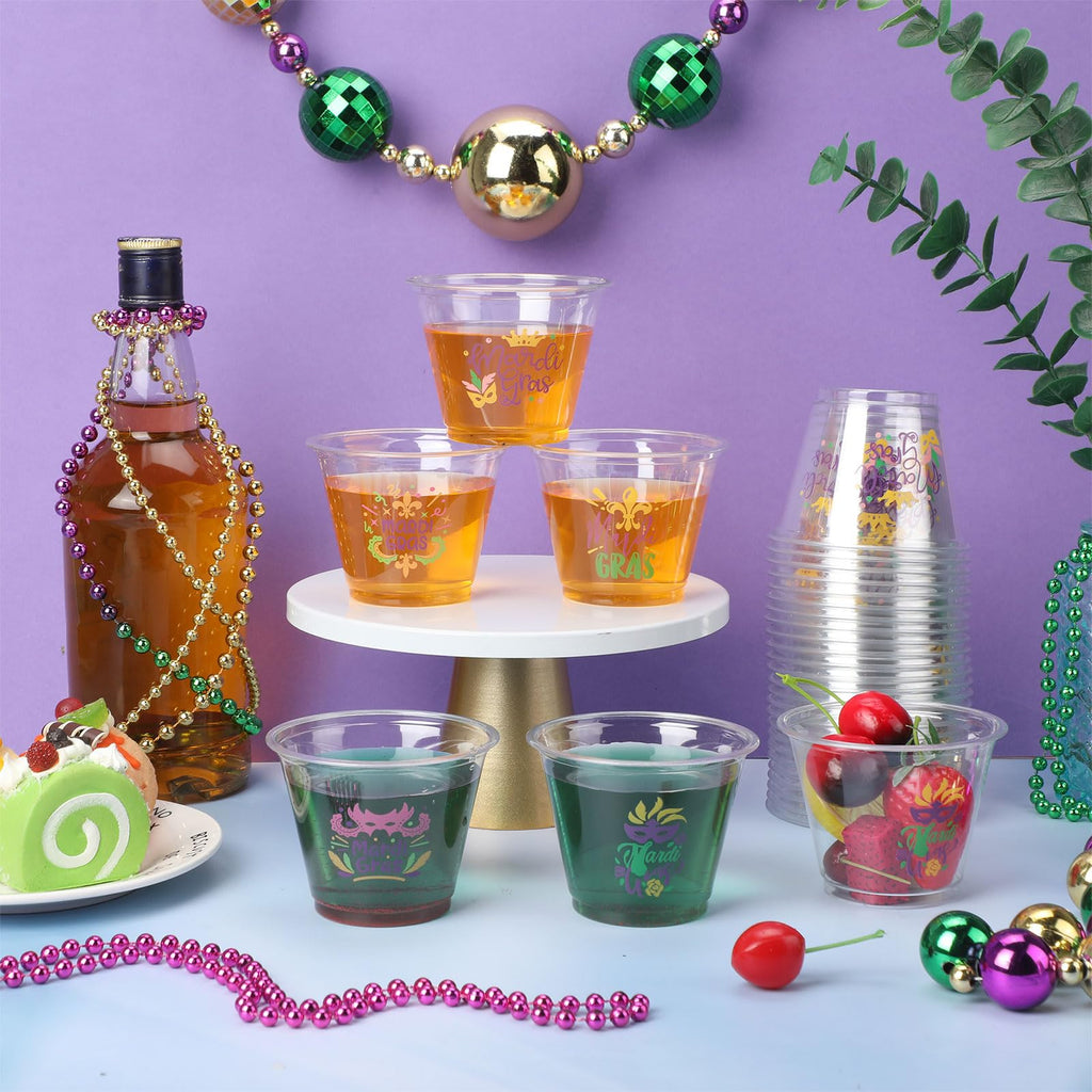 Uiifan 100 Pcs Mardi Gras Cups Bulk 9oz Disposable Plastic Mardi Gras Drinking Cups Carnival Clear Cups Mardi Gras Carnival Party Supplies Suitable for Wine Coffee Tea Juice Soda Beer Beverages