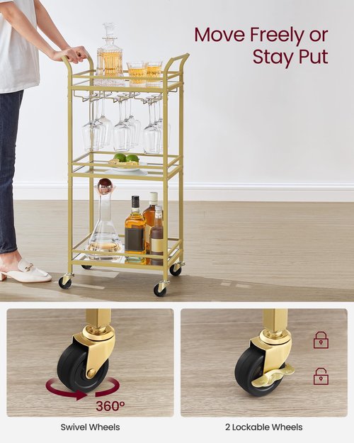 VASAGLE Bar Cart, Home Bar Serving Cart, Small Bar Serving Cart with 3-Tier Shelf, Wine Holders, Glass Holders, Mini Bar Cart for Small Spaces, Kitchen, Dining Room, Living Room, Pale Gold